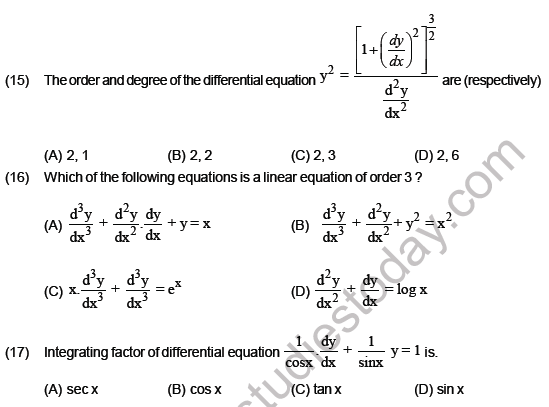 JEE Mathematics Differential Equations MCQs Set B, Multiple Choice ...